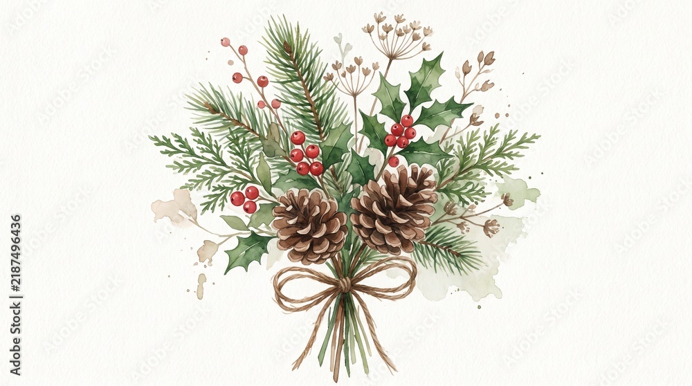 Fototapeta premium Watercolor Christmas bouquet with pine cones and holly leaves