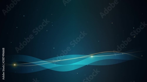 Elegant Flowing Blue Wave Motion Background with Shimmering Particles and Subtle Golden Light Lines