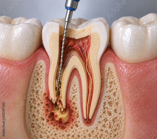 Root Canal Treatment and Endodontic Therapy on Infected Molar with Periapical Abscess 3D Illustration