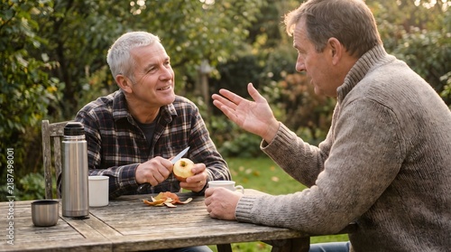 Older man with short gray hair peeling apple with small knife at outdoor table soft morning light with companion