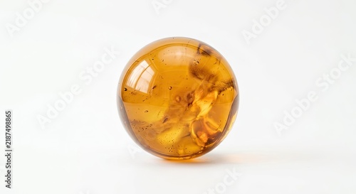 Polished amber resin sphere on white background