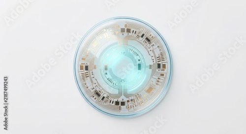 Round translucent electronic circuit board with copper traces.