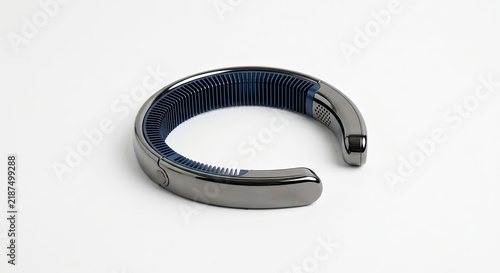 Silver and blue circular electronic wearable device component.