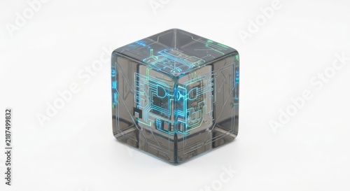 Transparent glass cube with glowing blue circuit board.