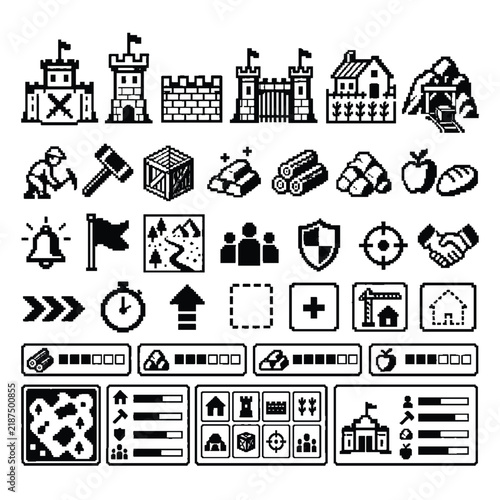 Monochrome Pixel Art Strategy Game Icons and RTS UI Collection