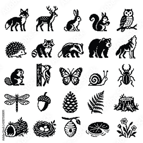 Monochrome Pixel Art Woodland Animals and Forest Nature Icons