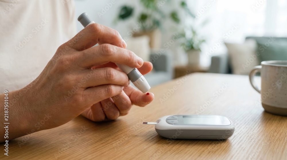 Fototapeta premium Closeup of a person checking their blood glucose levels using a lancet device and a digital monitor on a wooden table in a home setting