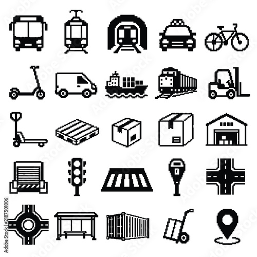Monochrome Pixel Art City Transport and Logistics Game Icons