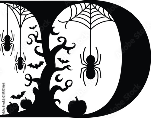 Letter d decorative typography with spiders webs and haunted tree letter d halloween typography spider webs halloween decoration alphabet design creepy spiders