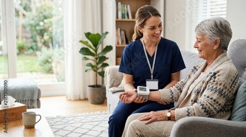A friendly nurse taking the blood pressure of an elderly woman during a home visit, providing compassionate healthcare and monitoring for senior wellness in a comfortable living room