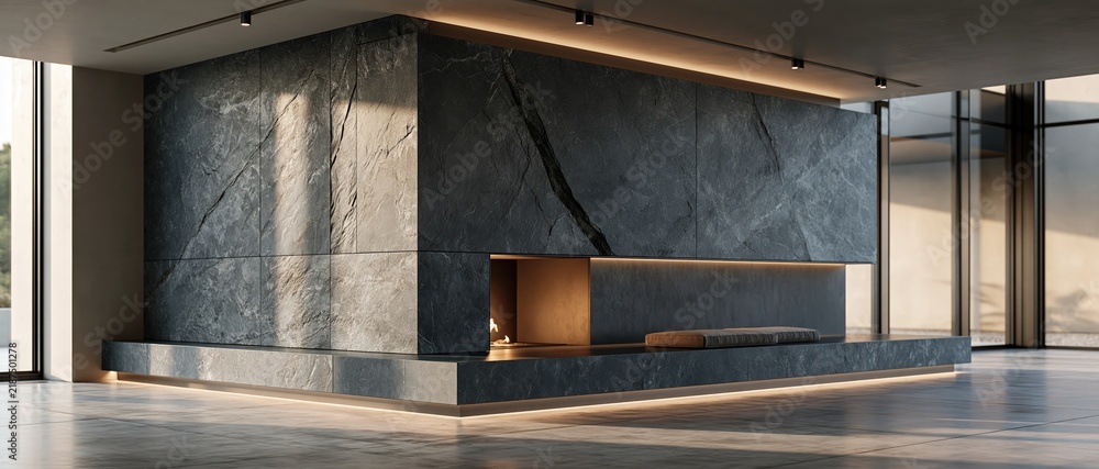 Obraz premium A panoramic view of a modern minimalist interior featuring a massive fireplace structure clad in dark slate stone tiles, equipped with a linear fire pit and warm ambient LED lighting.