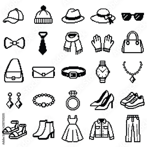 Monochrome Pixel Art Fashion Clothing and Dress Up Game Icons