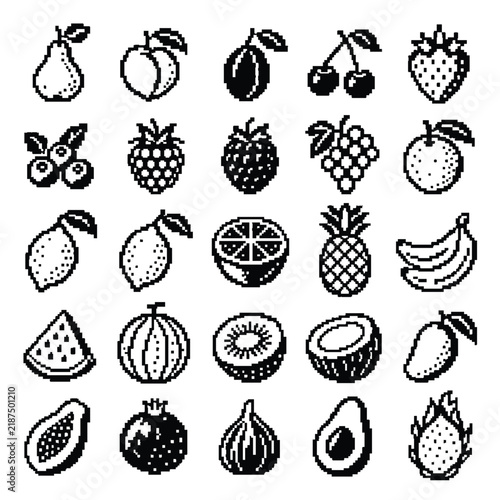Monochrome Pixel Art Fruit and Berries Game Icon Collection