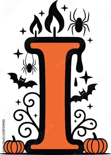 Letter i illustrated with halloween themes including candles spider webs bats and pumpkins letter i halloween typography spooky candles burning candles letter
