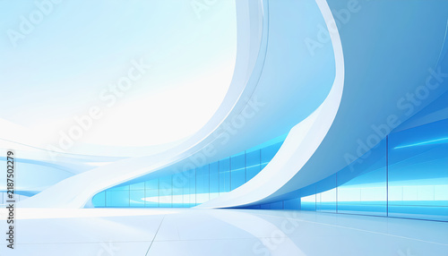 Futuristic architectural design with flowing white curves and blue glass walls
