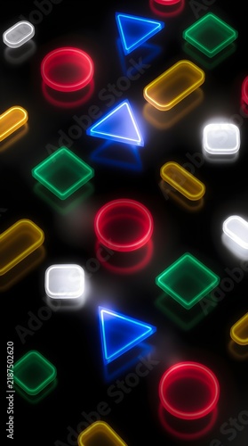 Floating neon geometric shapes in dark space with vibrant glowing colors and light effects
