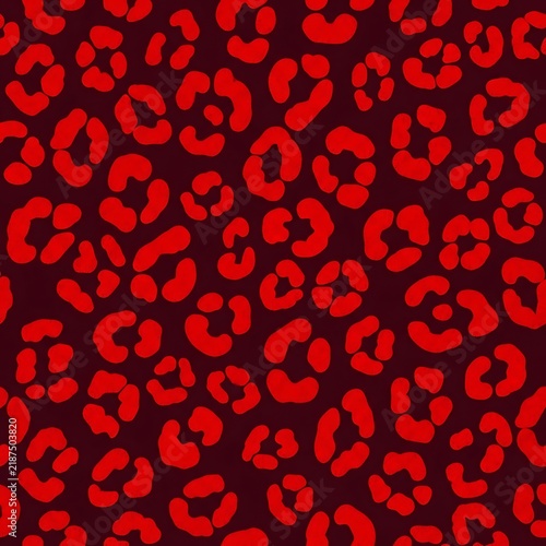 Red leopard print pattern on a dark background, bold and vibrant