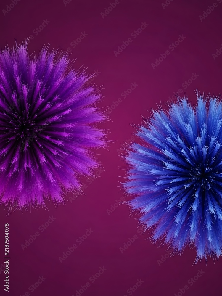 Obraz premium Two abstract fluffy balls, one purple and one blue, against a vibrant magenta background, modern art.