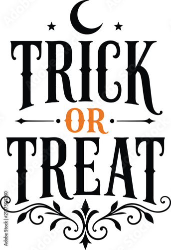Trick or Treat Halloween Typography with Decorative Flourish and Moon Vector