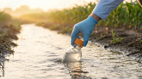 Scientist collecting water sample stream testing pollution environmental research analysis study, feeling cautious professional care