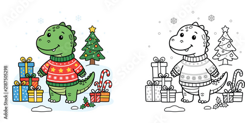 Cute Christmas Dinosaur in Ugly Sweater Coloring Page Activity for Kids and Adults - Line Art and Colored Version - Winter Holiday Illustration