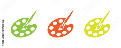 Colorful paint palette with brush icon set in green orange and yellow for artist design.