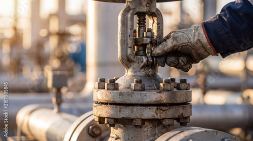 Technician adjusting control valve industrial pipeline professional focus metal equipment oil gas manufacturing engineering