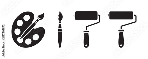 Artist palette paint brush and paint roller icon collection in minimalist black style.