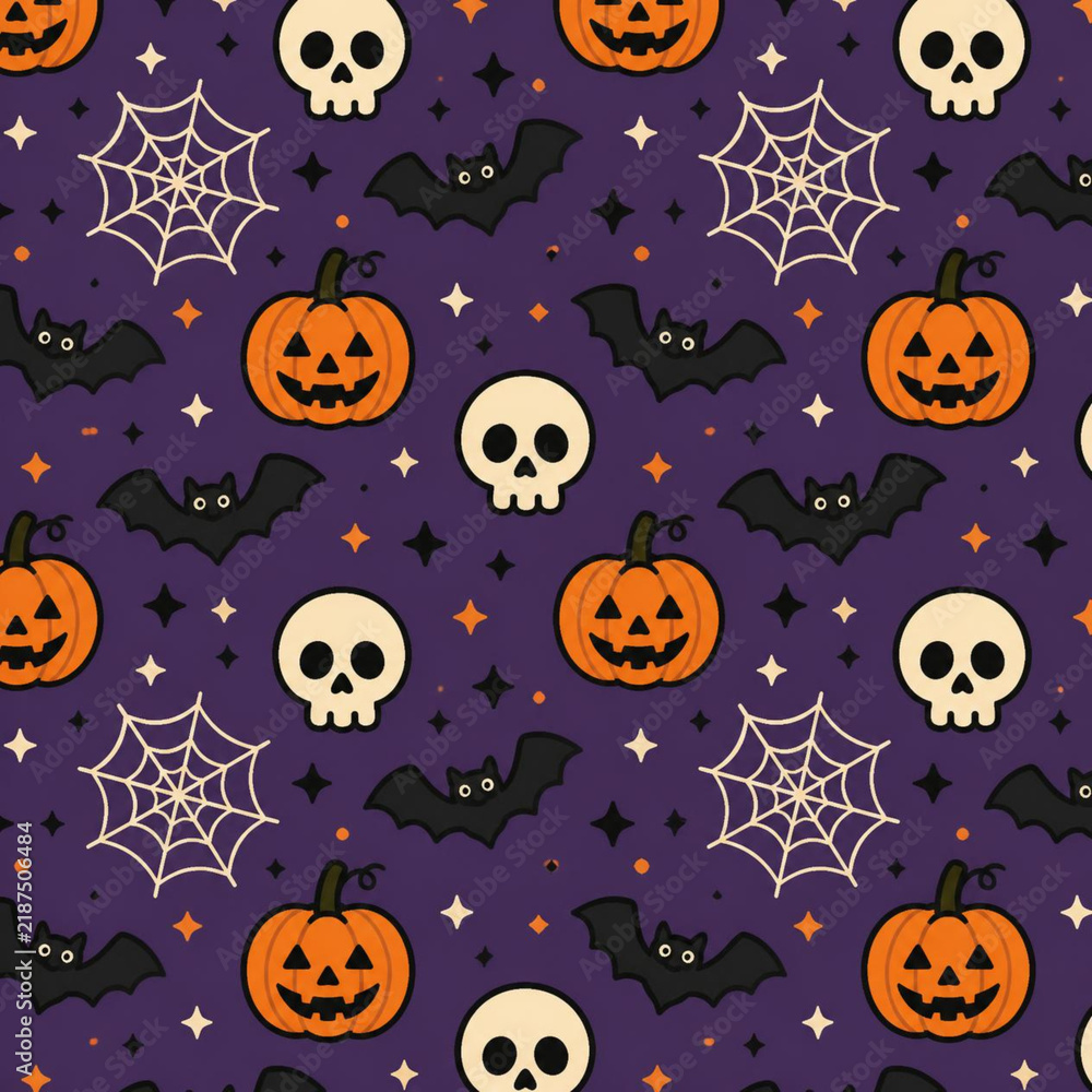 Fototapeta premium Halloween Seamless Pattern Background with Bats, Skulls, Spider Webs, and Pumpkins