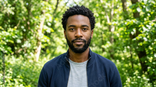Handsome African American Man Portrait Standing in Lush Green Forest