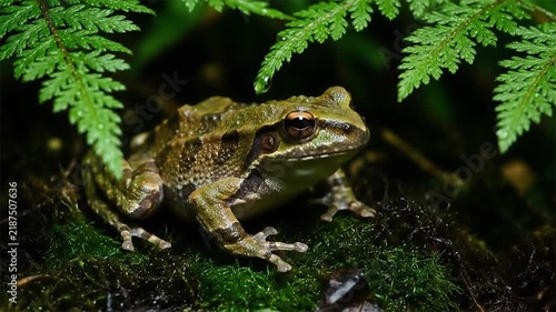 Green frog sitting on mossy ground under fern leaves in rainforest close up