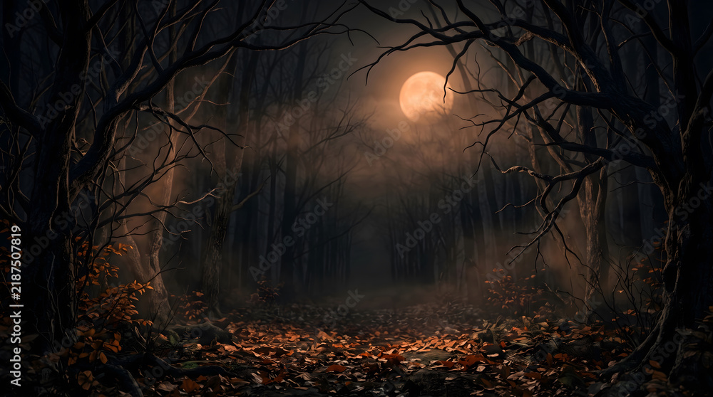 Obraz premium Dark Spooky Forest Path with Full Moon and Autumn Leaves at Night