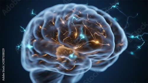 Human brain model with glowing neural synapses and glowing electric impulses in 3D animation