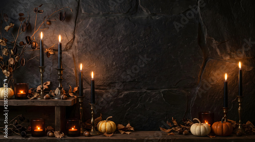 Dark Gothic Halloween Mantle with Black Candles, Pumpkins, and Stone Background