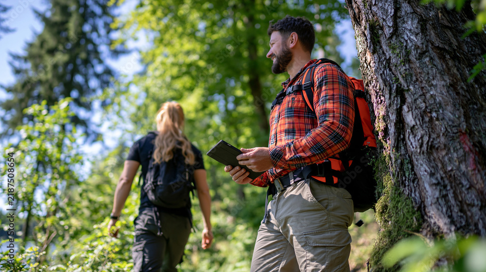 Fototapeta premium Wide view of forestry workers walking through a dense green forest while inspecting and marking selected trees, digital tablet used for recording measurements and field observations, sustainable woo