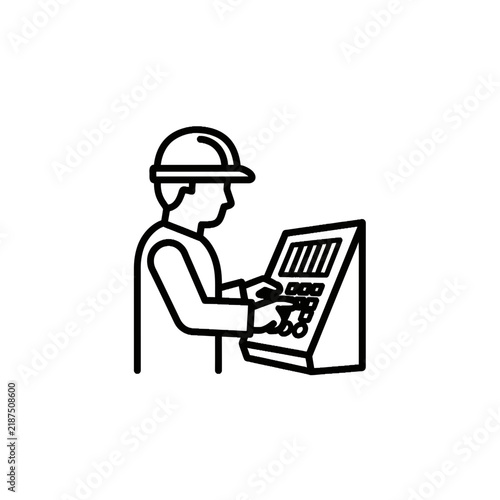 Industrial worker operating control panel line icon