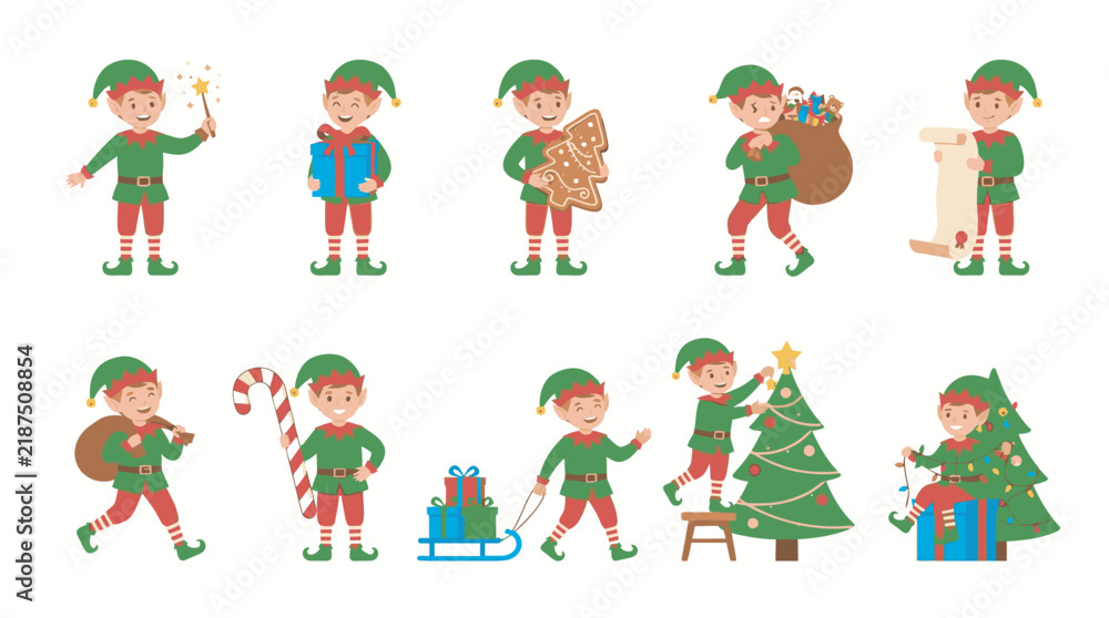 Fototapeta premium Set of cute Christmas elf characters in various poses with gifts and festive decorations isolated on white background