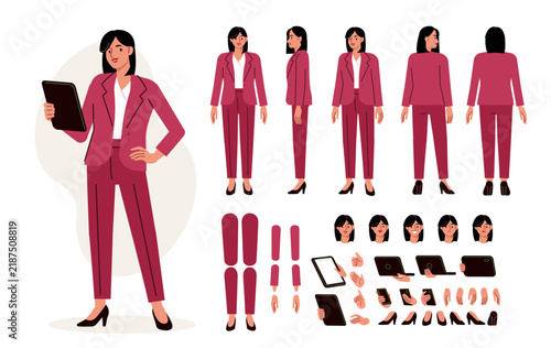 Confident CEO top manager woman vector illustration. Character body parts, postures, poses collection. Front, side, back view.