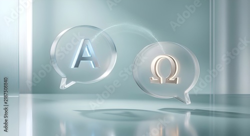 Glass speech bubbles with letters A and Omega concept
