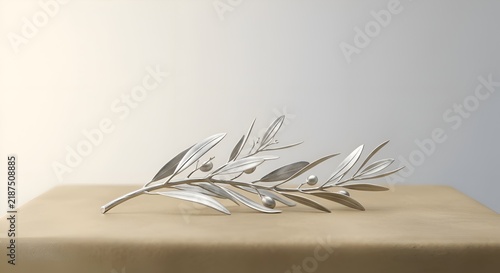 Elegant silver olive branch on wooden table