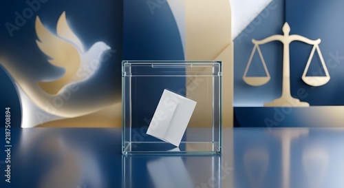 Election voting box with ballot paper, scale and dove
