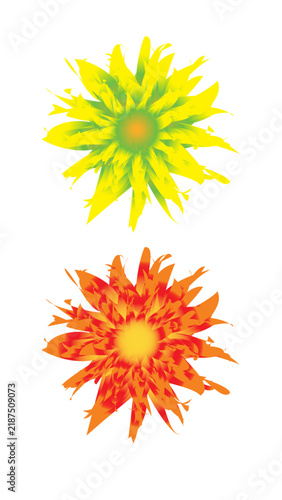 Vibrant abstract floral vector designs featuring splattered paint textures in bright yellow and orange colors, isolated on white background