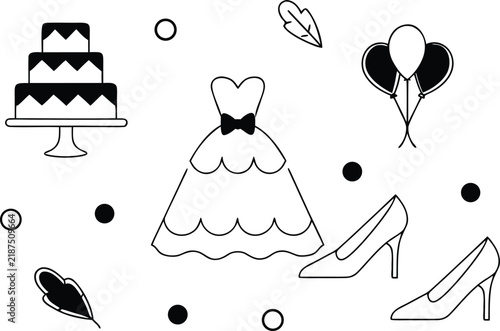 Hand drawn doodle set featuring wedding dress cake balloons and high heel shoes for bridal celebration designs
