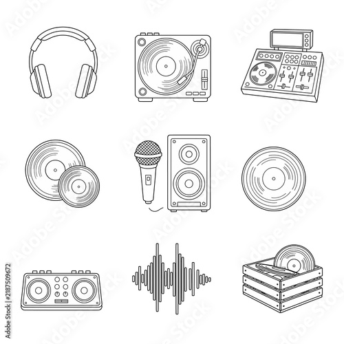 DJ equipment Music icon set, turntable, records, vinyl, boombox, mic, headphones, sound wave black and white sticker