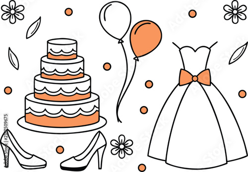 Hand drawn wedding elements including a tiered cake bridal gown high heels and balloons for celebration