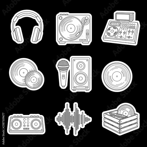 DJ equipment Music icon set, turntable, records, vinyl, boombox, mic, headphones, sound wave black and white sticker