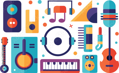 Colorful flat vector illustration of various musical instruments and audio equipment for music production and studio recording