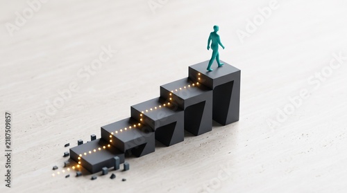 A small green figure walking up a glowing ascending staircase.