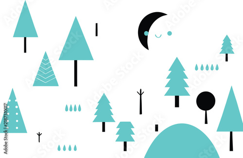 Abstract minimalist winter forest landscape illustration featuring bright cyan pine trees and a crescent moon on white