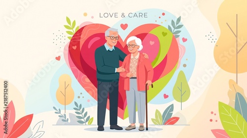 Obraz na płótnie Elderly couple standing inside heart with love text